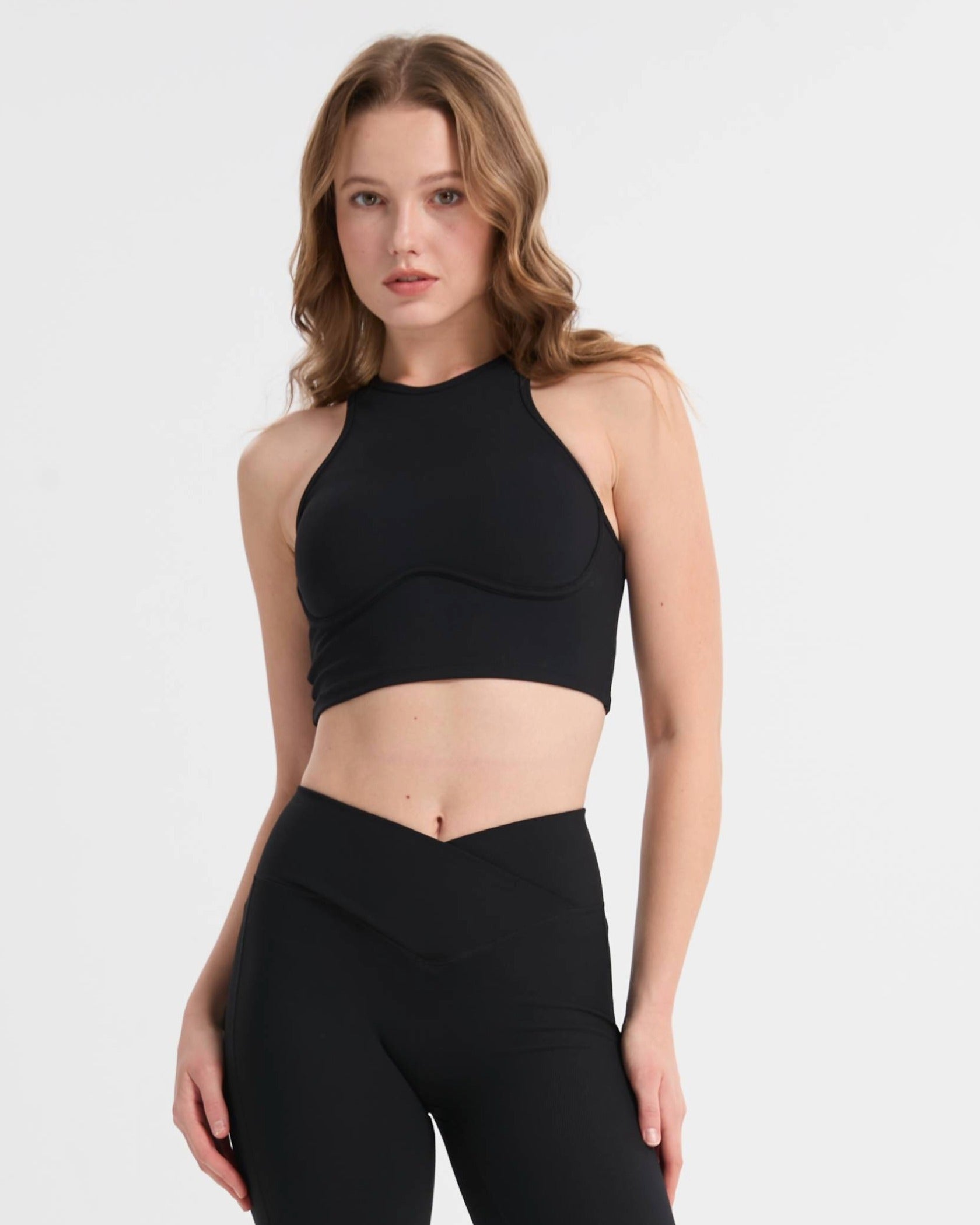 Ribbed Yoga Set Damen – schwarzes Sport Top mit High Neck