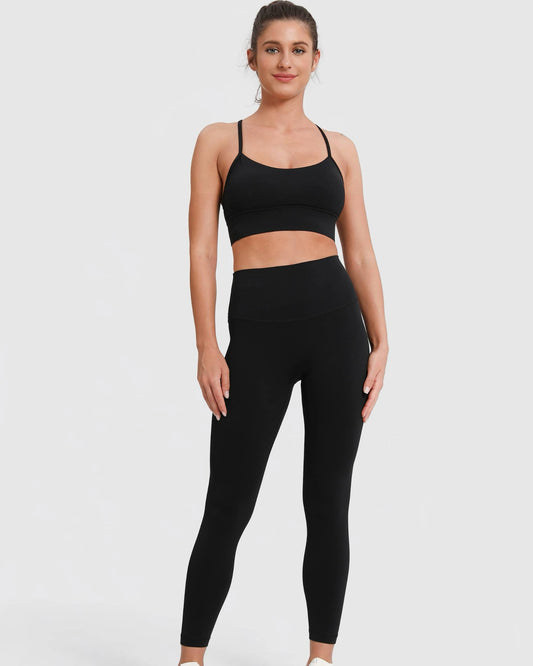 2 Teiliges Sport Set - Racerback Sport BH + High Waist Leggings, Schwarz