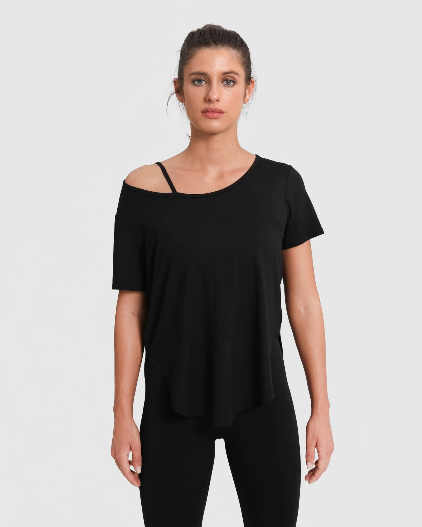 schwarze sport shirt mit cut off yoga pilates